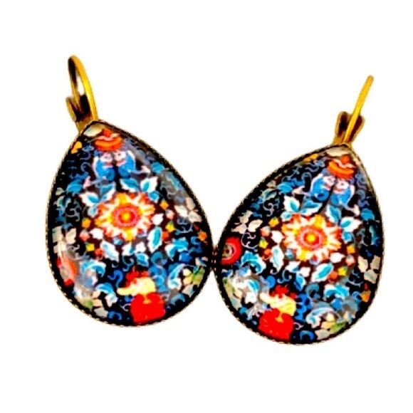 Khokhloma Boho Drop Earrings for Men Women, Unique Handcrafted Russian Folk Art - Picture 1 of 9